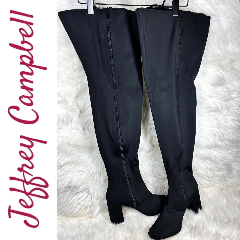 NWOB JEFFREY CAMPBELL Black Elektra Corset Faux Leather Over The Knee Boots,‎ 6